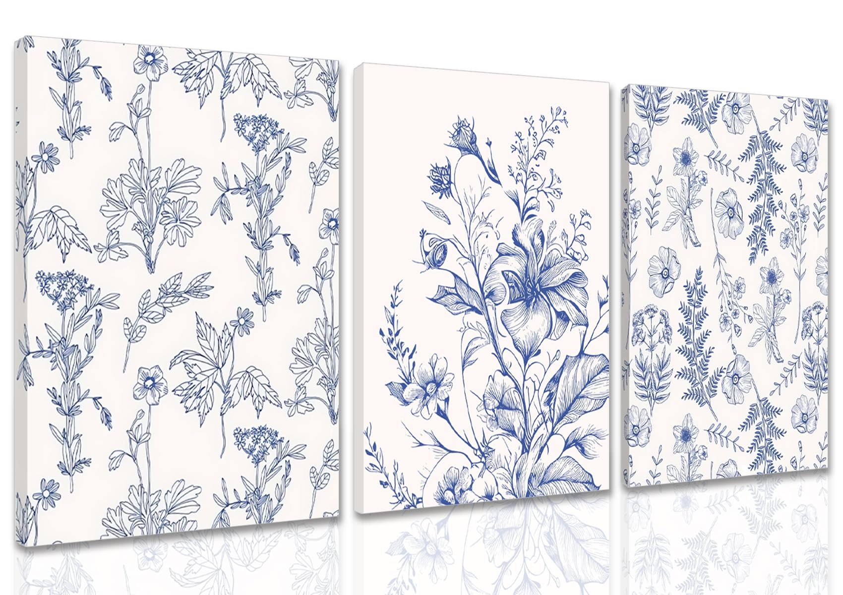 Blue Flowers Wall Art Set of 3, Chinoiserie Floral Canvas Wall
